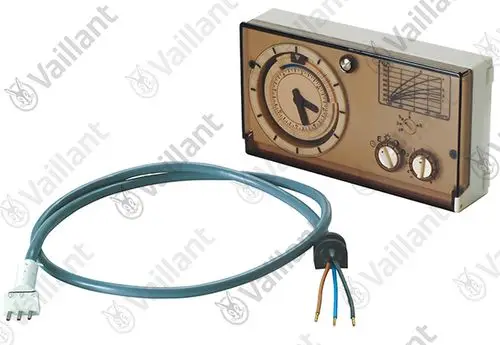 Vaillant elektronischer Regler mit Uhr, zwei Einstellknöpfen und Kabelanschluss, auf einer beige Hintergrundplatte.